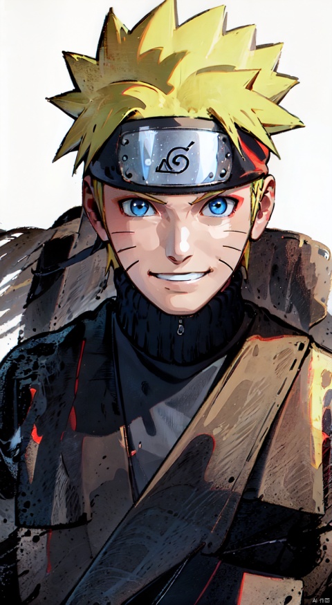 White background, high resolution, master painting, CG, wallpaper, sunshine, bright picture, soft picture,
1boy, uzumaki naruto, male focus, solo, blonde hair, blue eyes, forehead protector, looking at viewer, jacket, smile, simple background, red background, grin, spiked hair, whisker markings, upper body, headband, facial mark, ninja, konohagakure symbol mingren