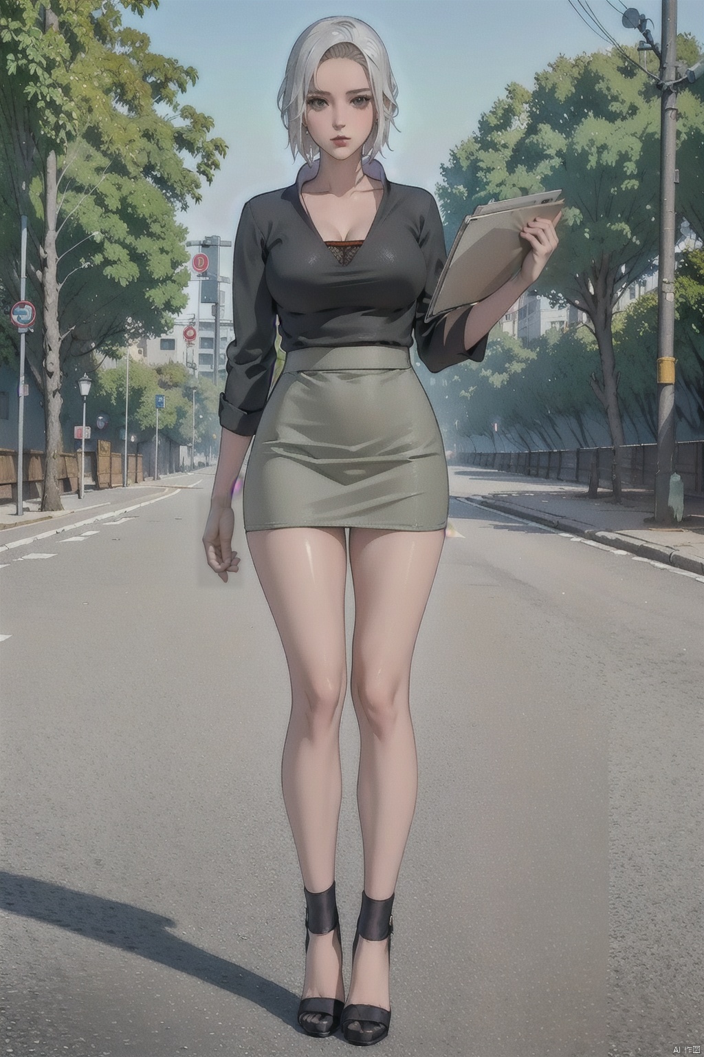 High resolution, master painting, CG, wallpaper,
Sunshine, bright picture, soft picture,
1 Girl, solo, full body, long legs,
Short hair, (large breasts :1.3), work uniform, short skirt, bare legs, grey hair, fishing net,
Outdoor, street, mabuyi, seductive eyes