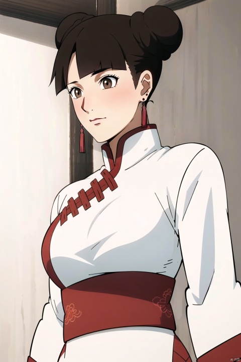  White background, high resolution, master painting, CG, wallpaper,
Sunshine, bright picture, soft picture,
1 girl, bun, earrings, bun, brown eyes, Chinese costume, looking at the audience, brown hair, straight bangs, bangs, top, short hair, black hair, long sleeves,
 (large breasts :1.3), tiantian, 1girl