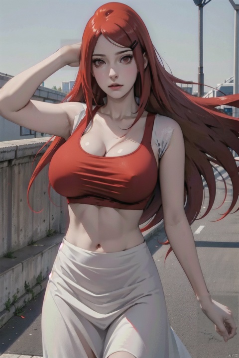  1girl, solo, long hair,(big_breasts:1.3), Red eyes, dress, red hair, outdoor, hair ornament, street,hairclip, midriff, fishnets, JY, jiuxinnai