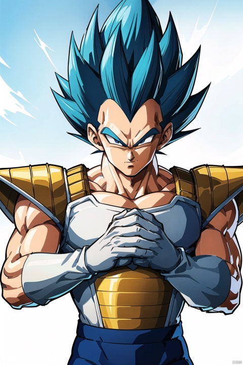 (1boy, solo, blue eyes, gloves, blue hair, upper body, male focus, white gloves, armor, tights, muscular, spiky hair, clenched hands, Serious, Super Saiyan, Saiyan armor, Vegita:1.3)
High resolution, Master Painting, CG, Wallpaper, Super Detail, Intricate Detail, Masterpiece, 8k, Contrast, Smooth, bright picture, Soft picture, Rembrandt Lighting, Amazing, Manga style, Manga, Anime, Game CG,beijita, ((poakl))