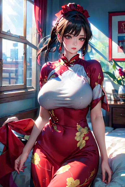  (Masterpiece, best quality :1.4), realistic style, (Masterpiece, highest quality, best quality :1.2), 8k, cg, (Bedroom, window, sunlight: 1.3)
A woman with large breasts and fat breasts, wearing a red cheongsam and an expression of longing, her head held high
1 girl, Chinese cheongsam, huge breasts,