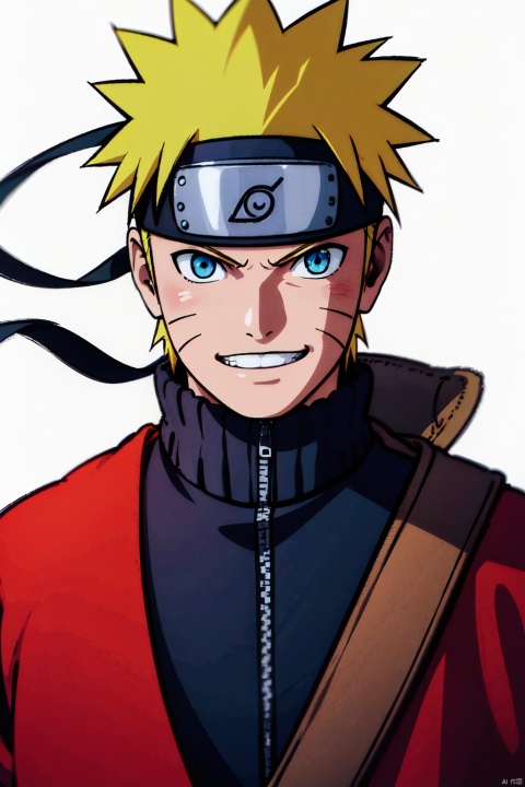 White background, high resolution, master painting, CG, wallpaper, sunshine, bright picture, soft picture,
1boy, uzumaki naruto, male focus, solo, blonde hair, blue eyes, forehead protector, looking at viewer, jacket, smile, simple background, red background, grin, spiked hair, whisker markings, upper body, headband, facial mark, ninja, konohagakure symbol mingren, seductive eyes