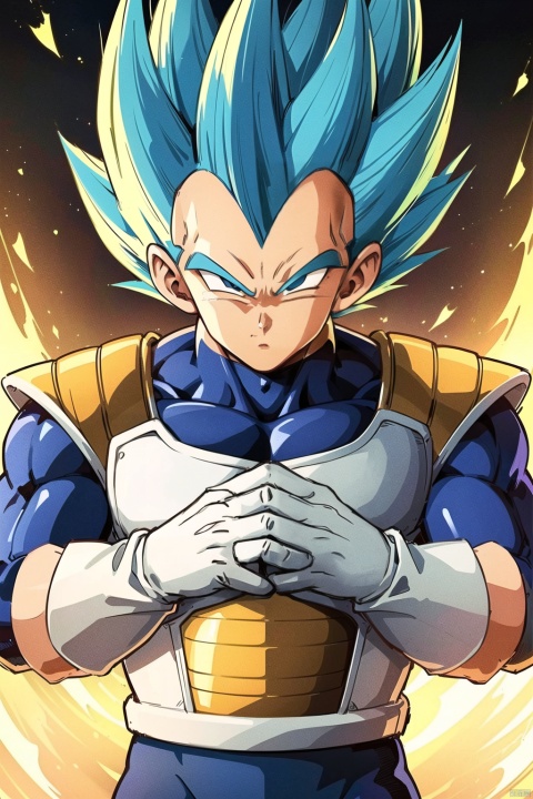 (1boy, solo, blue eyes, gloves, blue hair, upper body, male focus, white gloves, armor, tights, muscular, spiky hair, clenched hands, Serious, Super Saiyan, Saiyan armor, Vegita:1.3)
High resolution, Master Painting, CG, Wallpaper, Super Detail, Intricate Detail, Masterpiece, 8k, Contrast, Smooth, bright picture, Soft picture, Rembrandt Lighting, Amazing, Manga style, Manga, Anime, Game CG,beijita