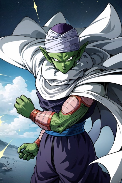solo, looking at viewer, 1boy, standing, male focus, pointy ears, cape, colored skin, clenched hand, serious, green skin, white cape, turban, son gohan,bike