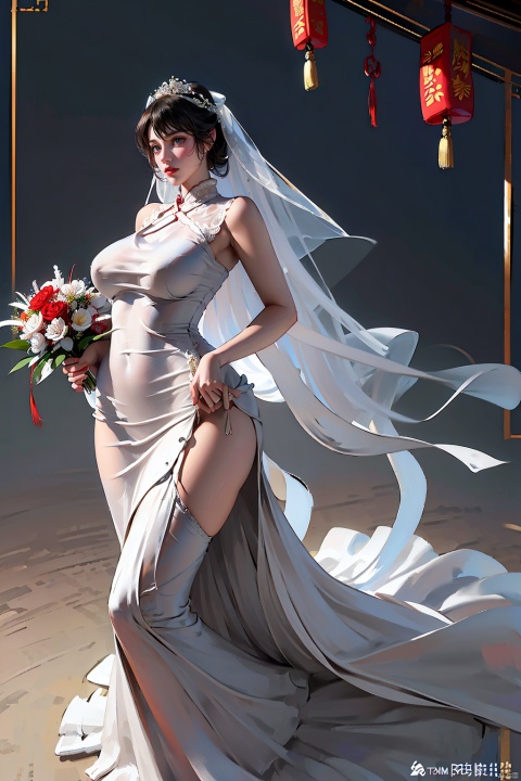  Real, beautiful, high resolution, bedroom,
1 Girl, bust, 30 years old female, full figure, big bust, whole body, (long legs, white wedding dress, long skirt, wrapped buttocks, Chinese wedding dress, veil, lace, Chinese dress, traditional dress, hair accessories, big breasts, chuixue:1.3), holding a bouquet, charming posture,