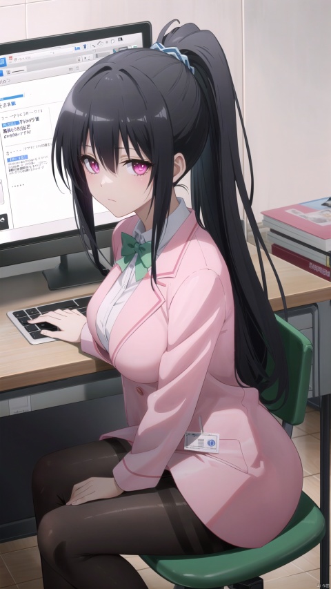  score_9,score_8_up,score_7_up,best quality,masterpiece,source_anime,8k,(ultra-detailed),(high detailed skin), ,,,,,,,,,,,,,,,,,,,,,, olyaya,office Lady,1girl,black single glove,pantyhose,long hair,skirt,jacket,idcard, ,,,,,,,,,,,,,,,,,,,,,,,, an anime girl laying on a desk next to a computer,a anime girl with white hair laying on a desk,a character in a short dress sitting on a desk,looking at viewer, sitting, ponytail, monitor, indoors, pink pupils, office lady, desk, office, closed mouth, pencil skirt, keyboard \(computer\), large breasts, open clothes, holding, open jacket, hair between eyes, on desk, ribbon, brown pantyhose, table, sitting on desk
