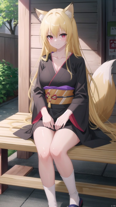  1girl, solo, long hair, breasts, looking at viewer, smile, bangs, blonde hair, large breasts, red eyes, long sleeves, animal ears, hair between eyes, sitting, very long hair, closed mouth, collarbone, tail, outdoors, japanese clothes, day, kimono, sleeves past wrists, sash, fox ears, fox tail, bench, houtufeng, 1girl,