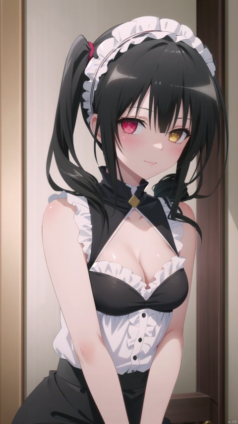masterpiece,best quality, highly detailed, tokisaki_kurumi,1girl,black hair,solo,heterochromia,looking_at_viewer,twintails,lolita_hairband,smile,medium_breasts,cleavage,bare_shoulders,blush