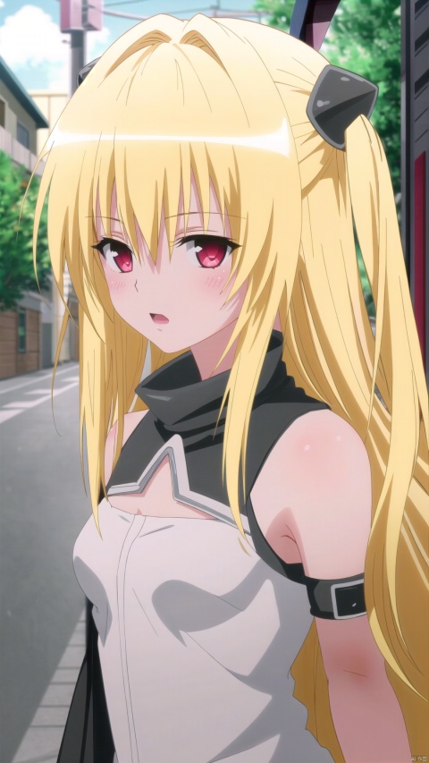 1girl, blonde hair, solo, long hair, anime coloring, blush, konjiki no yami, looking at viewer, bare shoulders, red eyes, day, hair between eyes, outdoors, bangs, sleeveless, open mouth, two side up, parody, blurry, tree