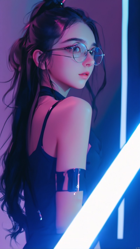  1girl, solo, long hair, looking at viewer, black hair, hair ornament, upper body, ponytail, glasses, indoors, lips, realistic, nose, computer, best quality, ultra highres, original, extremely detailed, perfect lighting