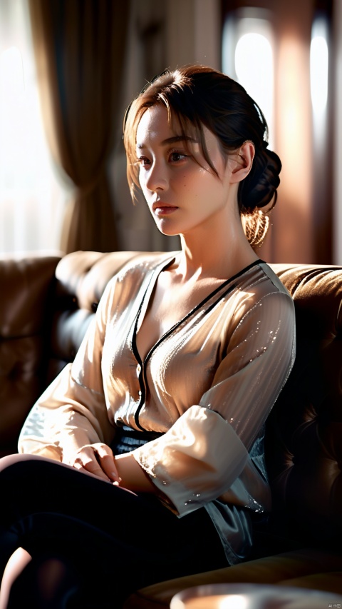  A photorealistic image of a young woman with a contemplative expression, seated centrally on a mocha-colored couch. The room is tastefully decorated, exuding a modern and sophisticated ambiance. She is wearing a loose white blouse and black tights, her pose is casual yet poised. The soft ambient lighting accentuates the textures of the fabric and the woman's delicate features. The room has a serene and somewhat somber mood, with attention to the fine details of the woman's attire, the couch's fabric, and the subtle reflections on the surfaces, all contributing to a rich, realistic scene. The overall composition is intimate, with a shallow depth of field focusing on the woman, best quality, ultra highres, original, extremely detailed, perfect lighting.