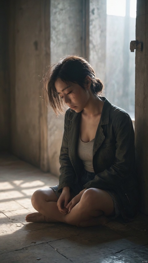  A girl with a melancholic expression sits on the floor of a sparse, dimly lit room. She is casually dressed, with a dark jacket and shorts, her hair falling over her face in a relaxed manner. Two small windows let in a faint light, creating a moody and introspective atmosphere. The walls are bare and textured, suggesting an abandoned or forgotten space. The overall tone of the image is one of solitude and contemplation, with a cinematic quality that emphasizes the emotional state of the subject, best quality, ultra highres, original, extremely detailed, perfect lighting.