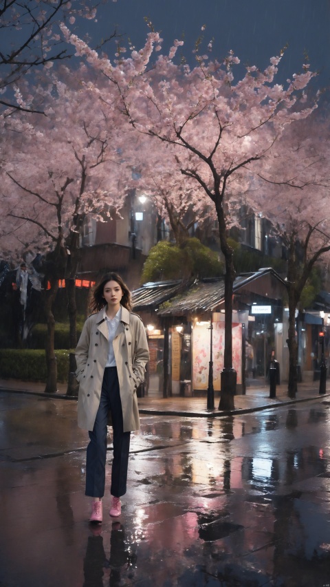  1girl,A fashion-forward individual strides confidently down a rain-kissed avenue under the radiant pink aura of a full cherry blossom canopy, the city's nocturnal glow creating a striking backdrop. The style exudes a casual yet chic sensibility, pairing a loose trench coat with classic trousers. This harmonious blend of urban sophistication and the romantic allure of springtime blossoms paints a picture of modern life infused with natural wonder. Puddles reflect the surrounding lights, adding to the image’s poetic quality and depth, best quality, ultra highres, original, extremely detailed, perfect lighting