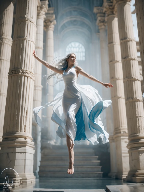  elegant female warrior, silver flowing hair, intricate white dress with blue accents, majestic marble columns, grand staircase, ethereal atmosphere, ancient temple setting, feathered creatures in flight, soft natural lighting, serene, high-resolution, digital art, detailed armor design, action pose, dynamic composition, best quality, ultra highres, original, extremely detailed, perfect lighting.