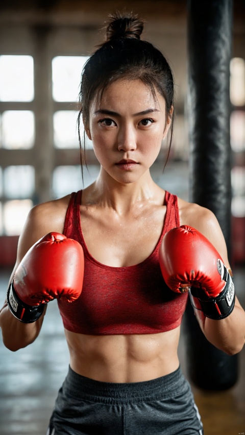  An athletic girl with a determined expression is training in a gritty, industrial-style boxing gym. She's wearing vibrant red boxing gloves and a matching sports crop top that reveals her toned midriff. Her hair is pulled back in a practical ponytail, highlighting her concentrated gaze and the light sheen of perspiration that suggests intense physical effort. She's captured throwing a powerful punch towards a heavy bag, which bears Chinese characters, signifying perhaps a motivational phrase or the name of the gym. The lighting is dramatic, with stark contrasts that carve out her muscular definition and the textures of her surroundings. The environment is rich with detail, from the rough texture of the concrete pillars to the worn boxing ring ropes, all contributing to an atmosphere of toughness and resilience, best quality, ultra highres, original, extremely detailed, perfect lighting.
