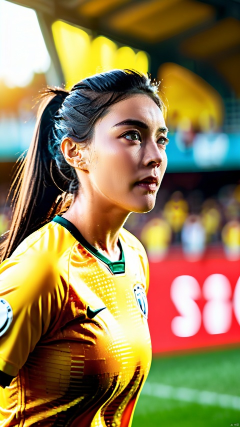  A dynamic female soccer goalkeeper in a striking pose holding a soccer ball, wearing a yellow jersey, black sports skirt, and goalkeeping gloves. She has a confident gaze and long dark hair tied up to reveal her focused expression. The background is a vibrant, packed soccer stadium filled with cheering fans, under a bright, clear day with sunlight illuminating the scene. The atmosphere is charged with excitement and anticipation of a major soccer match, capturing a moment of intense sports action, with a touch of glamor in the portrait style, best quality, ultra highres, original, extremely detailed, perfect lighting.