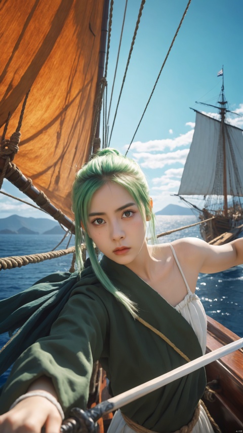  A young girl, featuring large serious eyes and light green hair, tall ponytail ,standing at the bow of a sailing ship. Holding a long sword,She wears a white Japanese strapless top, Her striking facial makeup and determined gaze convey a sense of firm resolve,The background includes a vast blue ocean and distant sailing ships, with sunlight coming from the upper left of the image, brightening the scene. Detailed digital painting, high-resolution, realistic textures, dynamic composition, vibrant colors,best quality, ultra highres, original, extremely detailed, perfect lighting