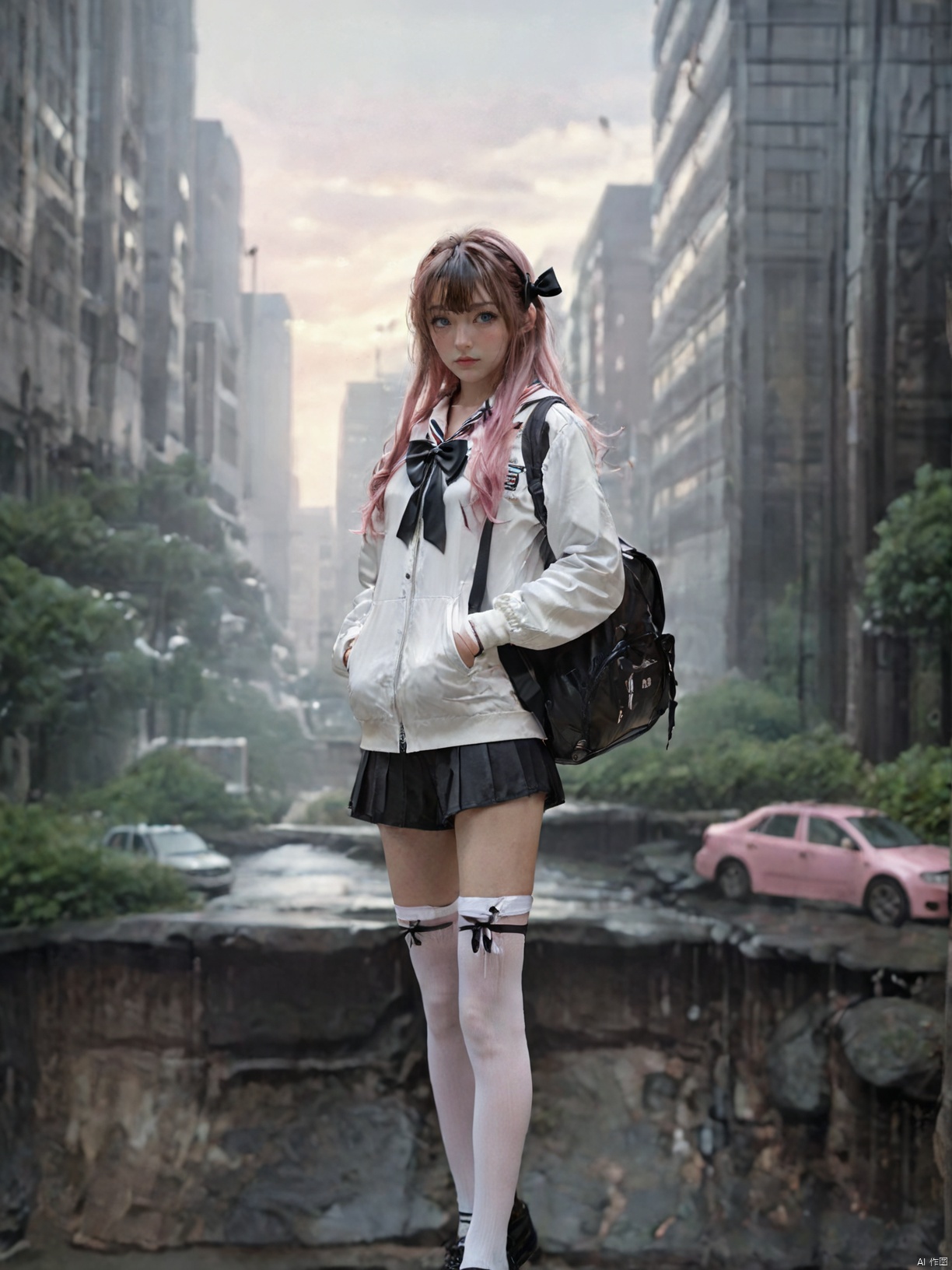 1girl, solo, long hair, looking at viewer, bangs, blue eyes, skirt, brown hair, shirt, thighhighs, long sleeves, bow, holding, standing, jacket, pink hair, hair bow, hairband, outdoors, open clothes, shorts, day, asian, sailor collar, white thighhighs, open jacket, zettai ryouiki, streaked hair, black bow, white jacket, building, scenery, city, suitcase, luggage, rolling suitcase,