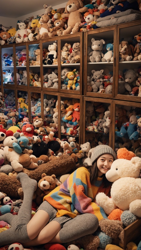  A joyful moment captured as a young person lies amidst a vast collection of plush toys, their expression one of surprise and delight. They are wearing a colorful oversized sweater with bold, abstract patterns and cozy grey thigh-high socks. Their playful beanie hat adds to the youthful, carefree atmosphere. The room around them is a fantastical treasure trove of stuffed animals, with shelves and floor spaces overflowing with toys of various shapes, sizes, and textures, creating a sense of abundant warmth and comfort. The lighting is soft and inviting, highlighting the rich, tactile nature of the toys and the soft, inviting fabrics of the clothing, best quality, ultra highres, original, extremely detailed, perfect lighting
