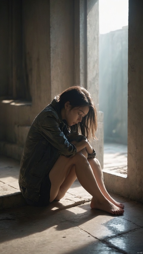  A girl with a melancholic expression sits on the floor of a sparse, dimly lit room. She is casually dressed, with a dark jacket and shorts, her hair falling over her face in a relaxed manner. Two small windows let in a faint light, creating a moody and introspective atmosphere. The walls are bare and textured, suggesting an abandoned or forgotten space. The overall tone of the image is one of solitude and contemplation, with a cinematic quality that emphasizes the emotional state of the subject, best quality, ultra highres, original, extremely detailed, perfect lighting.