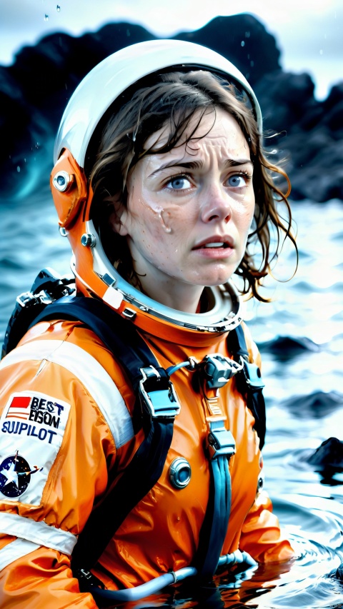  Create a hyper-realistic image of a young female astronaut in distress, floating in choppy ocean waters. She appears to be in her early 30s, with a pale complexion and expressive eyes showing a mix of fear and determination. Her space suit is white with blue patches and a mission insignia on the chest. The suit is wet, reflecting the harsh reality of an emergency water landing. A distressed orange life-support floatation device is attached to her suit via a tether, bobbing in the water next to her. The ocean is grey and ominous, suggesting a stormy and unwelcoming environment. The scene should be tension-filled, capturing the moment of survival against the odds, with great attention to the details of the water's interaction with the suit and the astronaut's emotional state,best quality, ultra highres, original, extremely detailed, perfect lighting