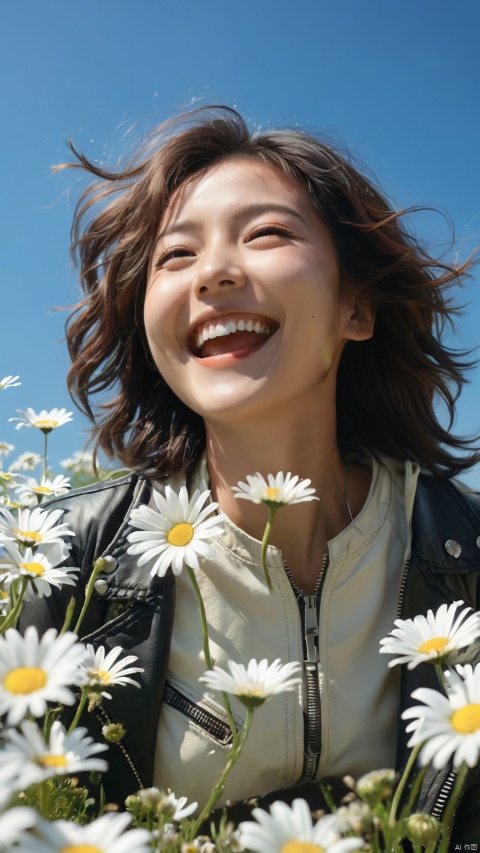Laughter and light fill this portrait of a woman amidst a sea of daisies, her vivacious smile reflecting the carefree essence of a perfect spring day. Her casual yet trendy outfit, with a stylish leather jacket unzipped to reveal a laid-back vibe, contrasts beautifully with the natural setting. Her hair is tousled by the gentle breeze, and the clear blue sky provides a vivid backdrop. The spontaneous burst of joy is palpable, as she enjoys the simple pleasures of life surrounded by the beauty of nature, best quality, ultra highres, original, extremely detailed, perfect lighting