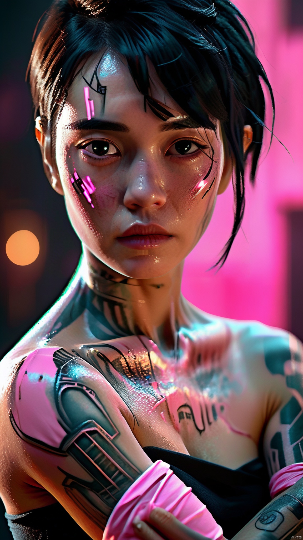  An evocative digital painting of a character with a striking gaze and an aura of resilience. The subject has a modern, asymmetrical haircut with shades of pink and blonde, and there's a black substance creeping onto her face, possibly symbolizing corruption or an inner battle. Her arms are crossed, embracing herself, which may indicate self-reliance or protection. Intricate tattoos or cybernetic enhancements adorn her arms, hinting at a sci-fi or dystopian setting. The lighting is soft yet dramatic, focusing on her face and the details of her arms, contrasting with the dark, ambiguous background. The artwork captures a sense of defiance and vulnerability simultaneously, best quality, ultra highres, original, extremely detailed, perfect lighting