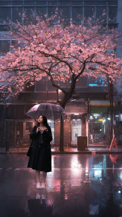  A young woman on a rain-soaked street at night, illuminated by the soft pink glow of a cherry blossom tree in full bloom overhead. She is holding an umbrella, capturing the serene mood of a quiet urban evening. The street is glistening with reflections from the subtle city lights. The atmosphere is tranquil, with an ethereal quality highlighted by the vibrant cherry blossoms, contrasting with the woman's dark clothing and the surrounding urban architecture. The scene balances elements of nature and city life, infused with a sense of peaceful solitude, best quality, ultra highres, original, extremely detailed, perfect lighting