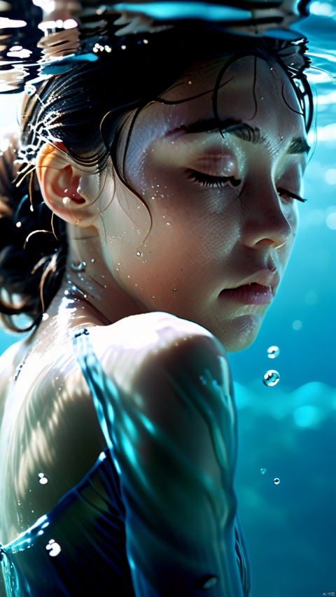  An underwater cinematic shot capturing a young woman with dark hair, floating gracefully in a tranquil, murky water. Her eyes are closed, and her body is relaxed, conveying a sense of peace and weightlessness. She is wearing a simple blue dress that floats around her, contributing to the ethereal quality of the scene. The water is clear enough to reveal her form but dark enough to give an impression of depth and mystery. Light filters through the water from above, creating a soft, diffused glow around her. There's a hint of motion in her hair and dress, suggesting a gentle current. The overall mood is one of serenity and isolation, as if she's suspended in a moment of introspection or escape,best quality, ultra highres, original, extremely detailed, perfect lighting