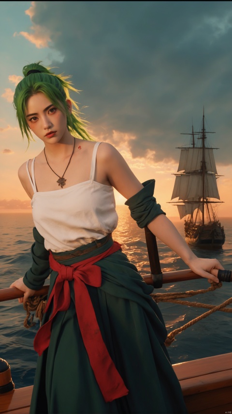  A girl featuring vibrant green hair and one mysterious red eye,tall ponytail, stands on the deck of a sailing ship at sunset. She is dressed in a tight white top, green waistband, and a long dark blue coat tied with a bright red sash. Notable is the stitched scar on her left shoulder. Her expression is resolute, holding a long katana in her right hand. The backdrop features the ocean and sky at sunset, painted in shades of orange and red, with several distant sailing ships. Digital painting, high-resolution, realistic textures, dynamic composition, vibrant colors, best quality, ultra highres, original, extremely detailed, perfect lighting