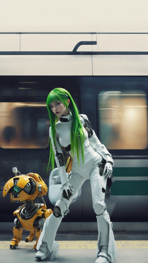  futuristic female figure with bright green hair, avant-garde white outfit with mechanical accents, robotic pet companion, cybernetic fashion, vivid contrast, subway platform environment, high-speed train blurring in the background, edgy and modern aesthetic, sci-fi inspired, vibrant persona, best quality, ultra highres, original, extremely detailed, perfect lighting