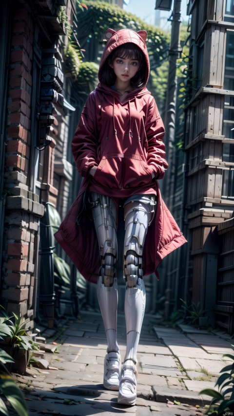  1girl, solo, standing, full body, outdoors, red shoes, socks, hood, english text, bare legs, hoodie, sunlight, grass, plant, sneakers, nature, hood up, forest, hands in pockets, (red:1.2) hoodie. there's a (robot butler:1.2)accompanying her.