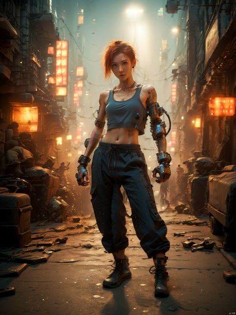  1girl,chinese women,blue eyes,red hair tied up, sports tube top, exposed abdomen, shoulder tattoo,baggy cargo pants,(mechanical arm:1.5), (sweating:1.5),smiling expression, evening street, boxing pose, cyberpunk aesthetic, dynamic posture, urban backdrop,best quality, ultra highres, original, extremely detailed, perfect lighting