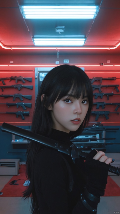  1girl, solo, long hair, looking at viewer, bangs, black hair, gloves, long sleeves, holding, upper body, weapon, parted lips, black gloves, indoors, fingerless gloves, holding weapon, black eyes, lips, best quality, ultra highres, original, extremely detailed, perfect lighting