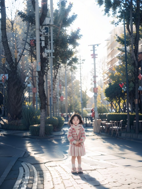  1girl, solo, long hair, skirt, brown hair, long sleeves, standing, full body, outdoors, shoes, day, striped, scarf, blurry, tree, blurry background, shadow, red skirt, white footwear, female child, road, street, photo background