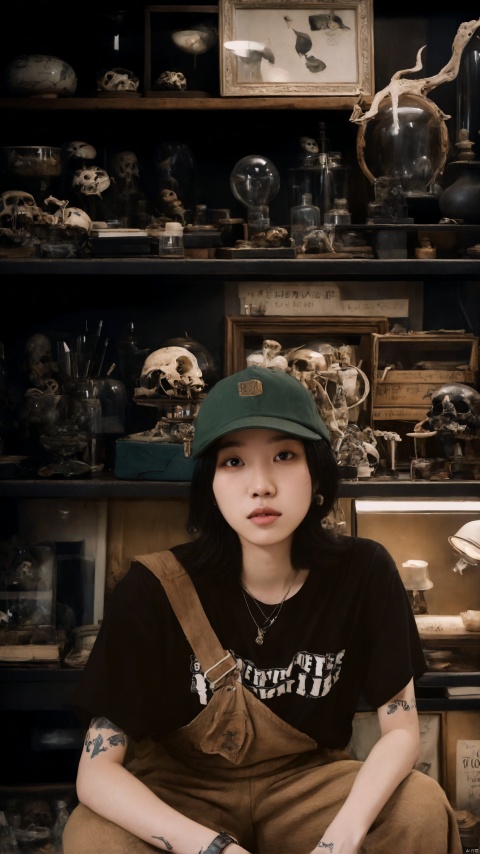  A casually stylish asian young woman with shoulder-length black hair wearing a soft, dark green cap sits comfortably in a vintage curiosity shop. She's dressed in an earth-toned dungaree over a loose-fitting black t-shirt with bold white typography that exudes a laid-back, urban aesthetic. Her visible tattoos add to her cool, collected persona. The shop behind her is a treasure trove of wonder, densely packed with shelves brimming with an assortment of curiosities: aged skulls, assorted bones, dried botanicals under glass domes, and framed historical oddities that hint at a bygone era of exploration and discovery. The muted, warm lighting casts a nostalgic glow, evoking a sense of timeless intrigue and the accumulation of knowledge and oddities from across the globe, best quality, ultra highres, original, extremely detailed, perfect lighting