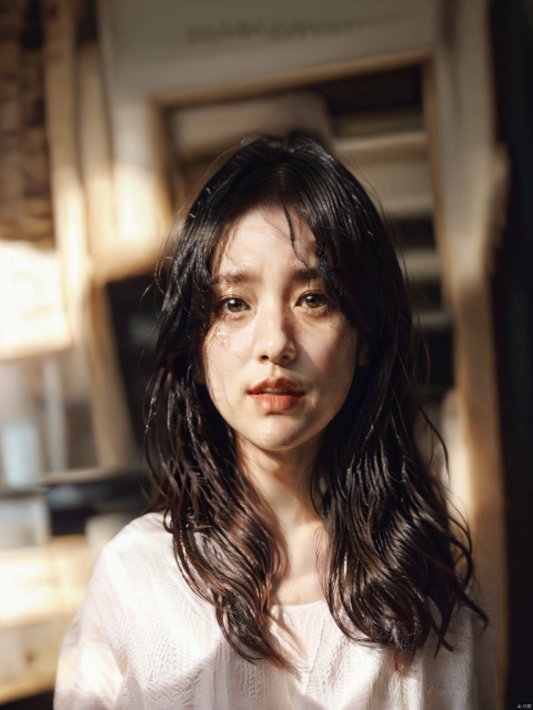 1girl, solo, long hair, looking at viewer, bangs, black hair, black eyes, lips, portrait, close-up, realistic, nose