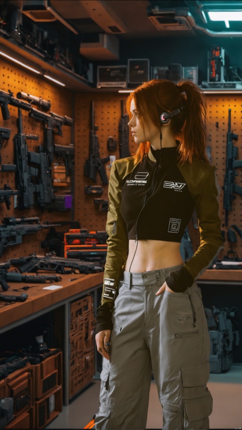  A young, confident woman with shoulder-length auburn hair and a sleek, fitted black cropped jacket adorned with minimalist white logos stands in a futuristic armory. She sports urban-style grey cargo pants with subtle wear and tear details, complementing the edgy vibe. Her style exudes a cyberpunk flair with modern, tech-inspired accessories like sleek purple headphones. The armory is a showcase of advanced weaponry lining the walls, displayed meticulously on pegboards, giving a sense of organized chaos. The ambient lighting casts strategic highlights and shadows, accentuating the metallic textures of the firearms and the cool tones of the room. The atmosphere is charged with a subtle neon glow that reflects off the polished surfaces, suggesting a setting in a high-tech, dystopian world, best quality, ultra highres, original, extremely detailed, perfect lighting