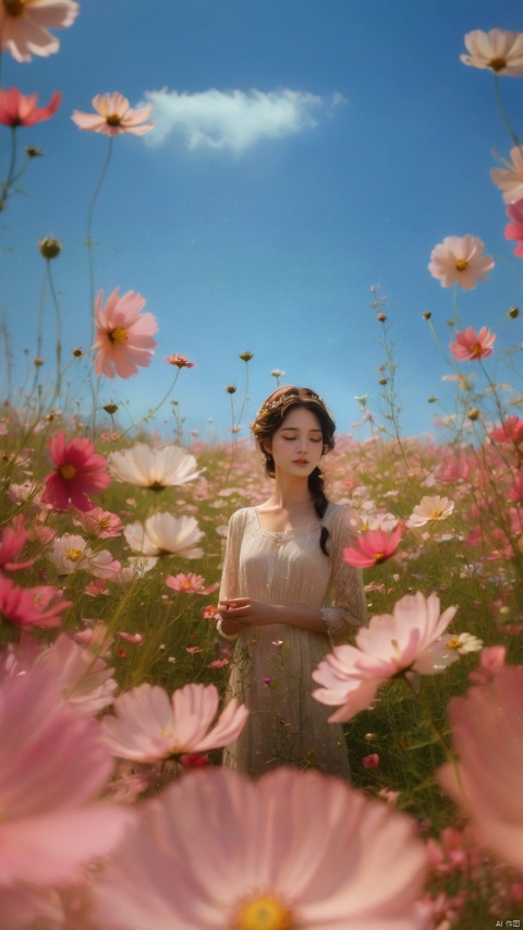 In an ethereal field of delicate cosmos flowers, a woman stands in a moment of serene beauty. Dressed in a white lace dress that whispers of vintage romance, she looks off into the distance, her expression one of peaceful contemplation. The softness of the flora around her blends harmoniously with her gentle demeanor. The pastel sky, dotted with wispy clouds, crowns the scene, and the soft focus on the flowers creates a dreamlike atmosphere, encapsulating a timeless connection between nature and the human spirit, best quality, ultra highres, original, extremely detailed, perfect lighting