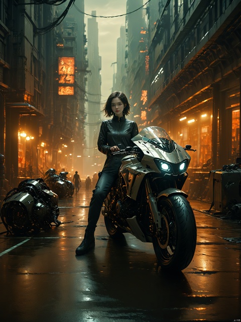  1 girl in casual wear, seated on a modern motorcycle, dynamic array of motorcycles and robotic parts, urban high-rise backdrop, dawn or dusk lighting, futuristic city, edgy atmosphere, digital art style, best quality, ultra highres, original, extremely detailed, perfect lighting