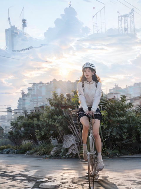  solo, 1girl,outdoors, sky, cloud, helmet, ground,sunset, riding, bicycle