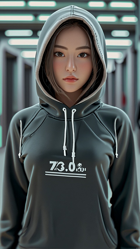  1girl, solo, long sleeves, standing, jacket, hood, english text, hoodie, hood down,best quality, ultra highres, original, extremely detailed, perfect lighting