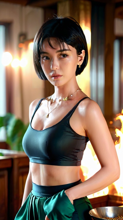  1girl, short hair, black hair, navel, holding, jewelry, solo focus, midriff, pants, indoors, crop top, bowl, long skirt, cigarette, realistic,best quality, ultra highres, original, extremely detailed, perfect lighting