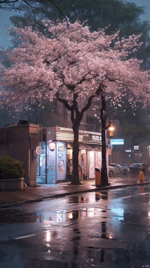 A youthful woman in a relaxed pose, wearing a light blue striped button-up shirt, neatly tucked into high-waisted denim shorts, stands on a rain-kissed city street. She's paired her outfit with white socks adorned with blue stripes at the top and classic black-and-white lace-up shoes. The cherry blossoms overhead are in full bloom, casting a soft pink glow on the wet pavement below that reflects the gentle light of the streetlamps. The scene combines the freshness of spring with the tranquility of a quiet urban night, best quality, ultra highres, original, extremely detailed, perfect lighting