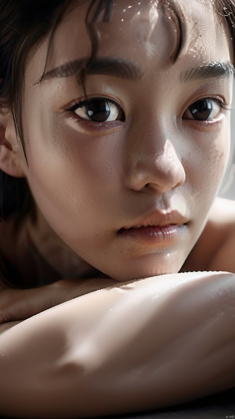  Create a high-resolution, black and white portrait of a young cute girl lying down. She has tousled, shoulder-length hair with a fringe that falls slightly over her eyes, which should appear wide and expressive. The girl is gazing directly into the camera with a soft yet engaging expression. The background is minimalistic, with an emphasis on the natural light that casts gentle shadows across her features, highlighting her cheekbones and the delicate contours of her face. The composition is intimate, with the girl's bare shoulder in the foreground, adding a sense of vulnerability to the portrait. The overall mood is serene and contemplative, best quality, ultra highres, original, extremely detailed, perfect lighting,