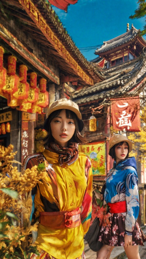  short hair, multiple girls, brown hair, shirt, black hair, long sleeves, hat, 2girls, standing, jacket, outdoors, sky, day, bag, blue sky, blue shirt, plant, building, architecture, print shirt, east asian architecture, yellow headwear,in best quality, ultra highres, original, extremely detailed, perfect lighting
