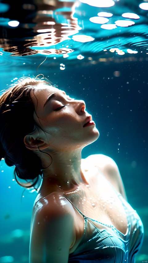  An underwater cinematic shot capturing a young woman with dark hair, floating gracefully in a tranquil, murky water. Her eyes are closed, and her body is relaxed, conveying a sense of peace and weightlessness. She is wearing a simple blue dress that floats around her, contributing to the ethereal quality of the scene. The water is clear enough to reveal her form but dark enough to give an impression of depth and mystery. Light filters through the water from above, creating a soft, diffused glow around her. There's a hint of motion in her hair and dress, suggesting a gentle current. The overall mood is one of serenity and isolation, as if she's suspended in a moment of introspection or escape,best quality, ultra highres, original, extremely detailed, perfect lighting