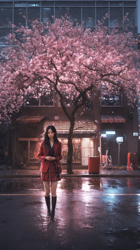  A young woman in a red tartan blazer and skirt, with long dark hair, standing under a fully bloomed pink cherry blossom tree at night. The scene is set on a city street wet with rain, reflecting the soft glow of ambient neon lights. There's a sense of serenity in the midst of an urban setting, accentuated by the cherry blossoms that add a touch of nature's beauty. The atmosphere is calm and somewhat dreamy, with a mixture of modern and traditional elements, such as the contemporary buildings in the background and the traditional appearance of the woman. The lighting is soft yet radiant, casting a gentle illumination on the woman and the cherry blossoms, best quality, ultra highres, original, extremely detailed, perfect lighting
