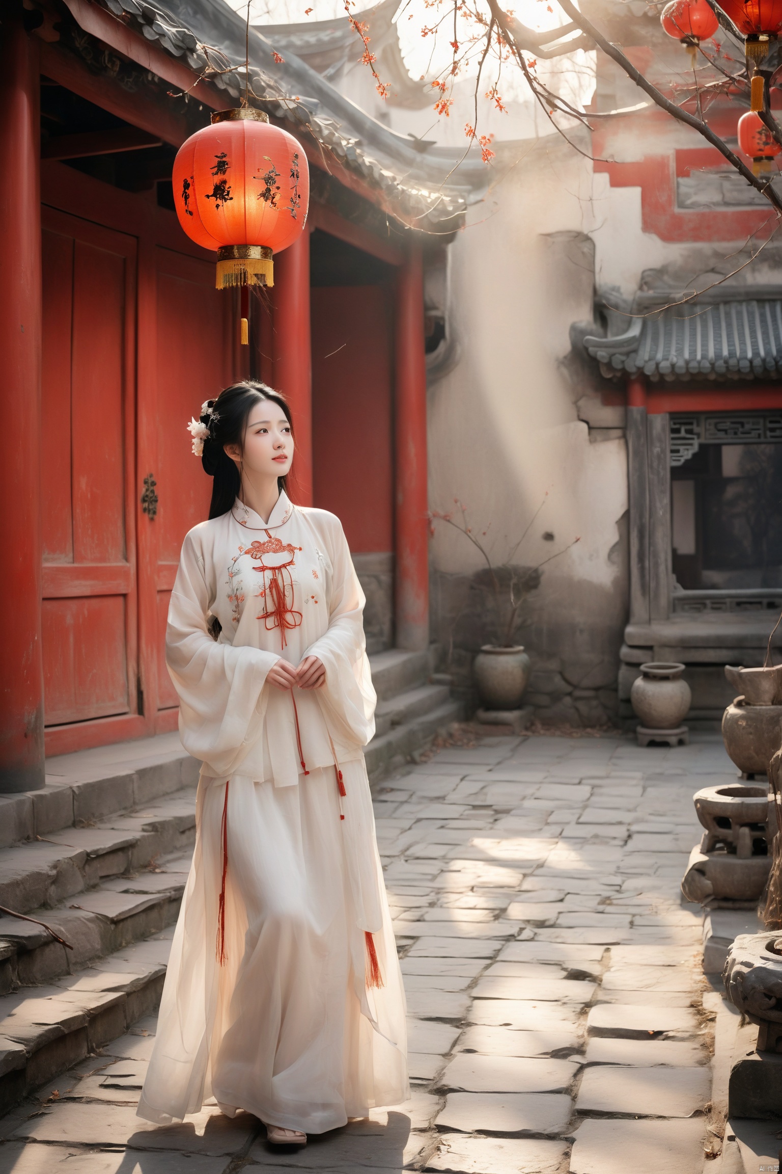 A graceful woman dressed in traditional Chinese white hanfu, standing elegantly on ancient stone steps. Her long black hair is styled in a simple, flowing manner, fluttering in the wind. She is holding the hem of her dress delicately, lifting it slightly as she gazes upwards with a serene expression. The background features an old, weathered building with traditional Chinese architecture and red lanterns hanging, adding a touch of color to the monochromatic setting,sunlight,falling dust,The scene is set in early spring, with bare branches framing the composition, and soft, natural light illuminating the woman and her surroundings, highlighting the intricate details of her attire. The overall atmosphere is calm and nostalgic, capturing a moment of quiet beauty, best quality, ultra highres, original, extremely detailed, perfect lighting